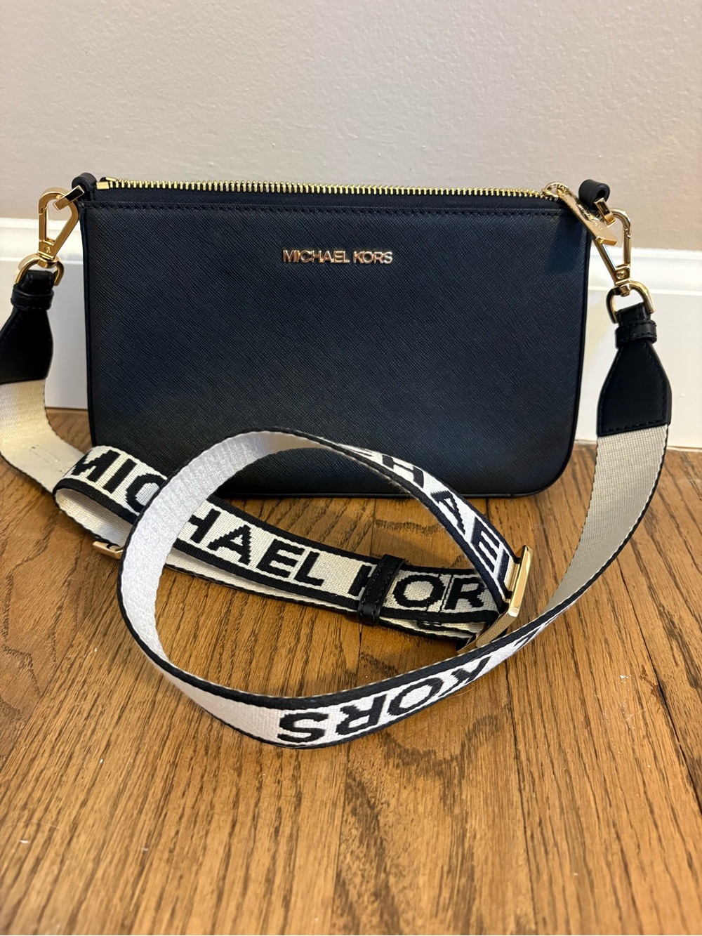 Michael Kors Black Crossbody with Branded Canvas Strap